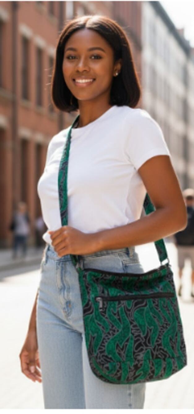 African Print Crossbody Bag Green Black Adjustable Strap 2 Zip Pockets